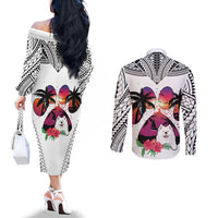 Polynesian Couples Matching Off The Shoulder Long Sleeve Dress and Long Sleeve Button Shirts Dog Lover With Samoyed - Sunset At The Beach White Ver LT7 - Polynesian Pride