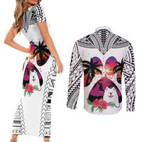 Polynesian Couples Matching Short Sleeve Bodycon Dress and Long Sleeve Button Shirts Dog Lover With Samoyed - Sunset At The Beach White Ver LT7 - Polynesian Pride