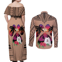 Polynesian Couples Matching Off Shoulder Maxi Dress and Long Sleeve Button Shirts Dog Lover With Samoyed - Sunset At The Beach Brown Ver LT7 - Polynesian Pride