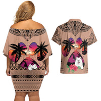 Polynesian Couples Matching Off Shoulder Short Dress and Hawaiian Shirt Dog Lover With Samoyed - Sunset At The Beach Brown Ver LT7 - Polynesian Pride