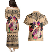 Polynesian Couples Matching Puletasi Dress and Hawaiian Shirt Dog Lover With Shiba Inu - Sunset At The Beach LT7 - Polynesian Pride