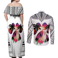 Polynesian Couples Matching Off Shoulder Maxi Dress and Long Sleeve Button Shirts Dog Lover With Shiba Inu - Sunset At The Beach White Ver LT7 - Polynesian Pride