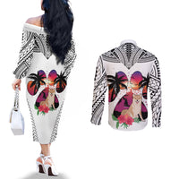 Polynesian Couples Matching Off The Shoulder Long Sleeve Dress and Long Sleeve Button Shirts Dog Lover With Shiba Inu - Sunset At The Beach White Ver LT7 - Polynesian Pride