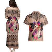 Polynesian Couples Matching Puletasi Dress and Hawaiian Shirt Dog Lover With Shiba Inu - Sunset At The Beach Brown Ver LT7 - Polynesian Pride