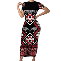 Personalised Taniko Motifs Aotearoa Short Sleeve Bodycon Dress Waitangi Kowhaiwhai Kiwi