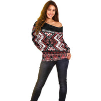 Personalised Aotearoa Waitangi Off Shoulder Sweater Taniko Motifs - Mania Gecko