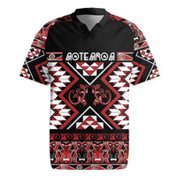 Personalised Aotearoa Waitangi Rugby Jersey Taniko Motifs - Mania Gecko LT7 Red - Polynesian Pride