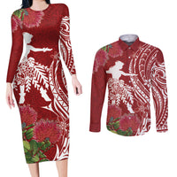 Personalised Hawaii Wahine Couples Matching Long Sleeve Bodycon Dress and Long Sleeve Button Shirt Women's Day Ohia Lehua LT7 Red - Polynesian Pride