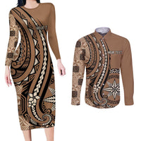 Personalized Tonga Ngatu Couples Matching Long Sleeve Bodycon Dress and Long Sleeve Button Shirt Vintage Brown Manulua Motifs