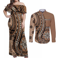 Personalized Tonga Ngatu Couples Matching Off Shoulder Maxi Dress and Long Sleeve Button Shirt Vintage Brown Manulua Motifs LT7 Brown - Polynesian Pride