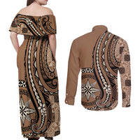 Personalized Tonga Ngatu Couples Matching Off Shoulder Maxi Dress and Long Sleeve Button Shirt Vintage Brown Manulua Motifs LT7 - Polynesian Pride