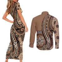 Personalized Tonga Ngatu Couples Matching Short Sleeve Bodycon Dress and Long Sleeve Button Shirt Vintage Brown Manulua Motifs