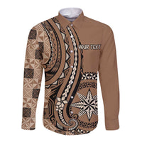 Personalized Tonga Ngatu Long Sleeve Button Shirt Vintage Brown Manulua Motifs
