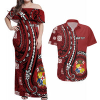 Personalized Tonga Ngatu Couples Matching Off Shoulder Maxi Dress and Hawaiian Shirt Iconic Red Manulua Motifs LT7 Red - Polynesian Pride