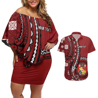 Personalized Tonga Ngatu Couples Matching Off Shoulder Short Dress and Hawaiian Shirt Iconic Red Manulua Motifs LT7 Red - Polynesian Pride