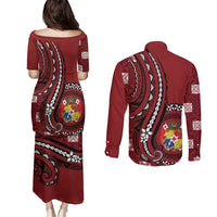 Personalized Tonga Ngatu Couples Matching Puletasi and Long Sleeve Button Shirt Iconic Red Manulua Motifs