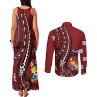 Personalized Tonga Ngatu Couples Matching Tank Maxi Dress and Long Sleeve Button Shirt Iconic Red Manulua Motifs