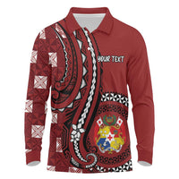 Personalized Tonga Ngatu Long Sleeve Polo Shirt Iconic Red Manulua Motifs