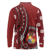 Personalized Tonga Ngatu Long Sleeve Polo Shirt Iconic Red Manulua Motifs