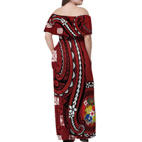 Personalized Tonga Ngatu Off Shoulder Maxi Dress Iconic Red Manulua Motifs LT7 - Polynesian Pride