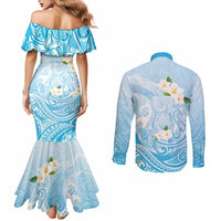Guam Fishhook Mix Guasali Flowers Couples Matching Mermaid Dress and Long Sleeve Button Shirt Dreaming Turquoise LT7 - Polynesian Pride