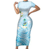 Guam Fishhook Mix Guasali Flowers Family Matching Short Sleeve Bodycon Dress and Hawaiian Shirt Dreaming Turquoise