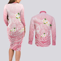 Guam Fishhook Mix Guasali Flowers Couples Matching Long Sleeve Bodycon Dress and Long Sleeve Button Shirt Dreaming Coral LT7 - Polynesian Pride