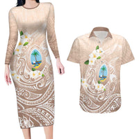Guam Fishhook Mix Guasali Flowers Couples Matching Long Sleeve Bodycon Dress and Hawaiian Shirt Dreaming Hazel LT7 Beige - Polynesian Pride