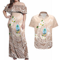 Guam Fishhook Mix Guasali Flowers Couples Matching Off Shoulder Maxi Dress and Hawaiian Shirt Dreaming Hazel LT7 Beige - Polynesian Pride