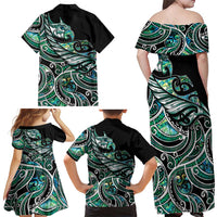 Maori Matariki - Manaia Family Matching Off Shoulder Maxi Dress and Hawaiian Shirt Emerald Paua Shell LT7 - Polynesian Pride