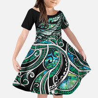 Maori Matariki - Manaia Family Matching Summer Maxi Dress and Hawaiian Shirt Emerald Paua Shell LT7 Daughter's Dress Green - Polynesian Pride