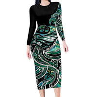 Maori Matariki - Manaia Long Sleeve Bodycon Dress Emerald Paua Shell LT7 Long Dress Green - Polynesian Pride