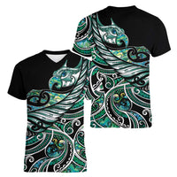 Maori Matariki - Manaia Women V-Neck T-Shirt Emerald Paua Shell LT7 - Polynesian Pride