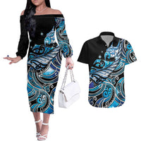 Maori Matariki - Manaia Couples Matching Off The Shoulder Long Sleeve Dress and Hawaiian Shirt Galaxy Blue Paua Shell LT7 Blue - Polynesian Pride