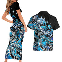 Maori Matariki - Manaia Couples Matching Short Sleeve Bodycon Dress and Hawaiian Shirt Galaxy Blue Paua Shell LT7 - Polynesian Pride