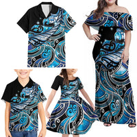 Maori Matariki - Manaia Family Matching Off Shoulder Maxi Dress and Hawaiian Shirt Galaxy Blue Paua Shell