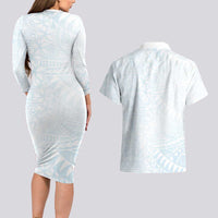 White Sunday Couples Matching Long Sleeve Bodycon Dress and Hawaiian Shirt Plumeria Tatau Mix Tapa