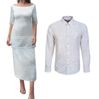 White Sunday Couples Matching Puletasi and Long Sleeve Button Shirt Plumeria Tatau Mix Tapa