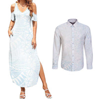 White Sunday Couples Matching Summer Maxi Dress and Long Sleeve Button Shirt Plumeria Tatau Mix Tapa