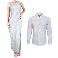 White Sunday Couples Matching Tank Maxi Dress and Long Sleeve Button Shirt Plumeria Tatau Mix Tapa