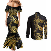 Polynesia Couples Matching Mermaid Dress and Long Sleeve Button Shirt Black & Gold Fancy Plumeria