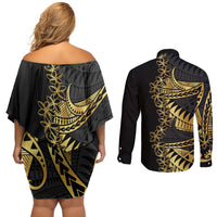 Polynesia Couples Matching Off Shoulder Short Dress and Long Sleeve Button Shirt Black & Gold Fancy Plumeria