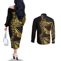Polynesia Couples Matching Off The Shoulder Long Sleeve Dress and Long Sleeve Button Shirt Black & Gold Fancy Plumeria