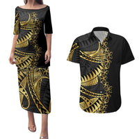 Polynesia Couples Matching Puletasi and Hawaiian Shirt Black & Gold Fancy Plumeria