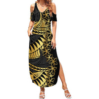 Polynesia Family Matching Summer Maxi Dress and Hawaiian Shirt Black & Gold Fancy Plumeria