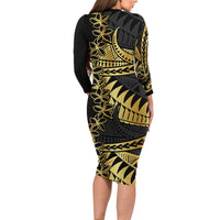 Polynesia Long Sleeve Bodycon Dress Black & Gold Fancy Plumeria