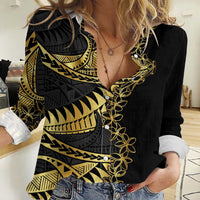 Polynesia Women Casual Shirt Black & Gold Fancy Plumeria LT7 Female Black Gold - Polynesian Pride