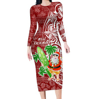 Hawaii Christmas Mele Kalikimaka Family Matching Long Sleeve Bodycon Dress and Hawaiian Shirt Santa Claus LT7 Mom's Dress Red - Polynesian Pride