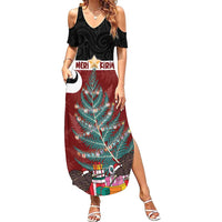 Personalised New Zealand Maori Christmas Family Matching Summer Maxi Dress and Hawaiian Shirt Xmas Fern Mix Kowhawhai LT7 Mom's Dress Black - Polynesian Pride