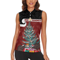 Personalised New Zealand Maori Christmas Women Sleeveless Polo Shirt Xmas Fern Mix Kowhawhai